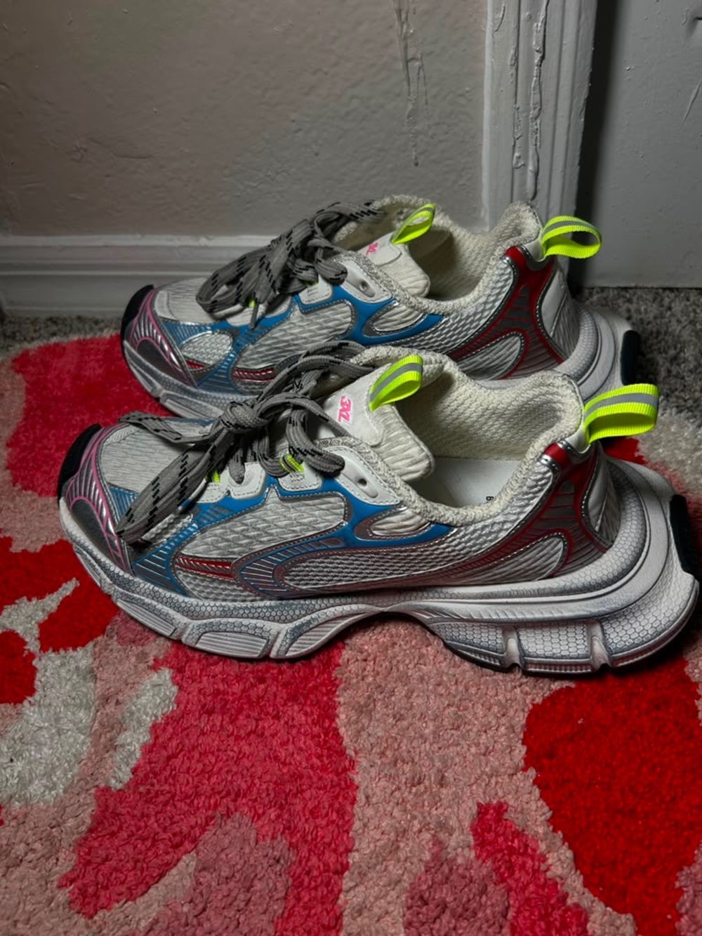 Balenciaga Kids White Sneakers with Blue, Red & Neon Yellow Accents